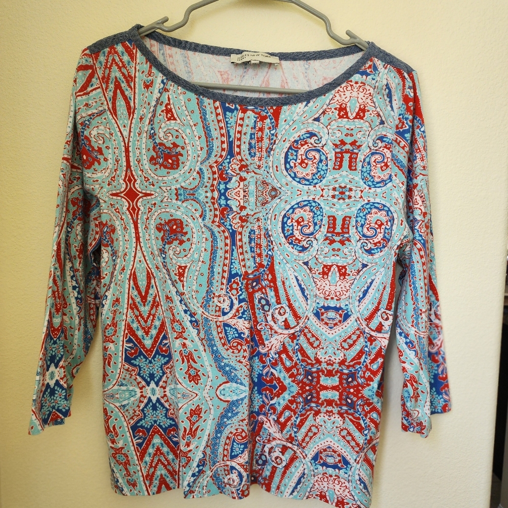 Jones New York Colorful Paisley Top Blue Red White Aqua Denim Collar Size XXL